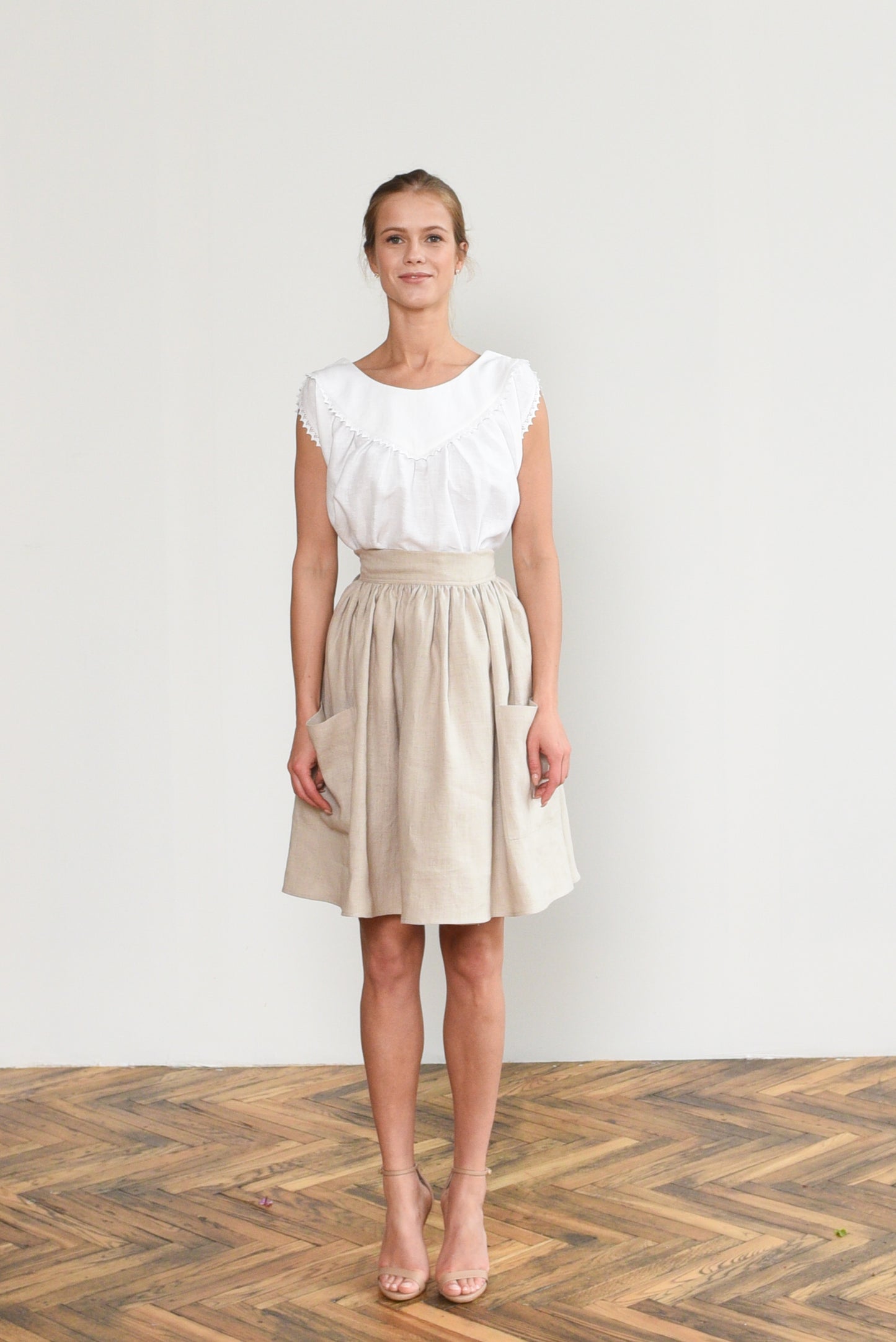 Grethel Tie-Wrap Skirt with Pockets in Natural linen