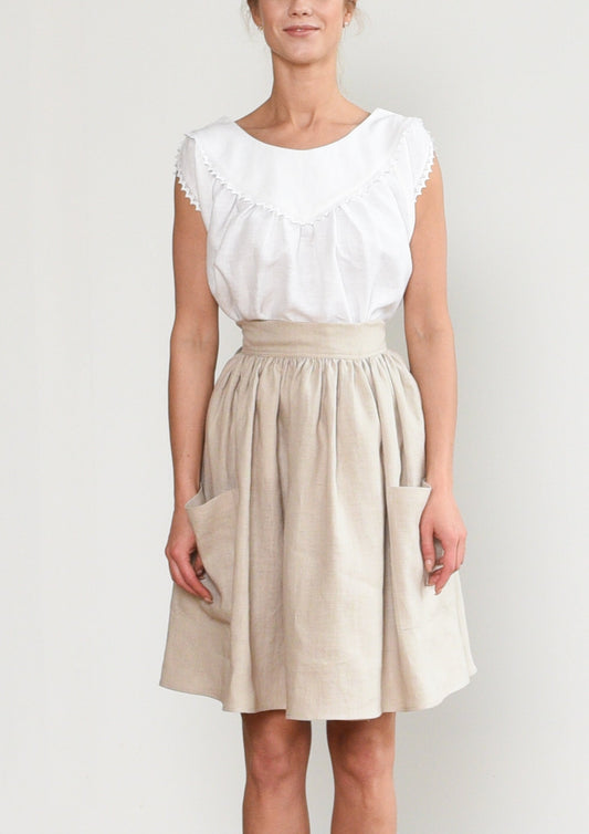 Grethel Tie-Wrap Skirt with Pockets in Natural linen