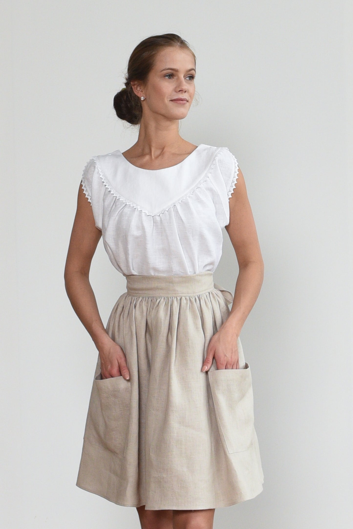 Grethel Tie-Wrap Skirt with Pockets in Natural linen