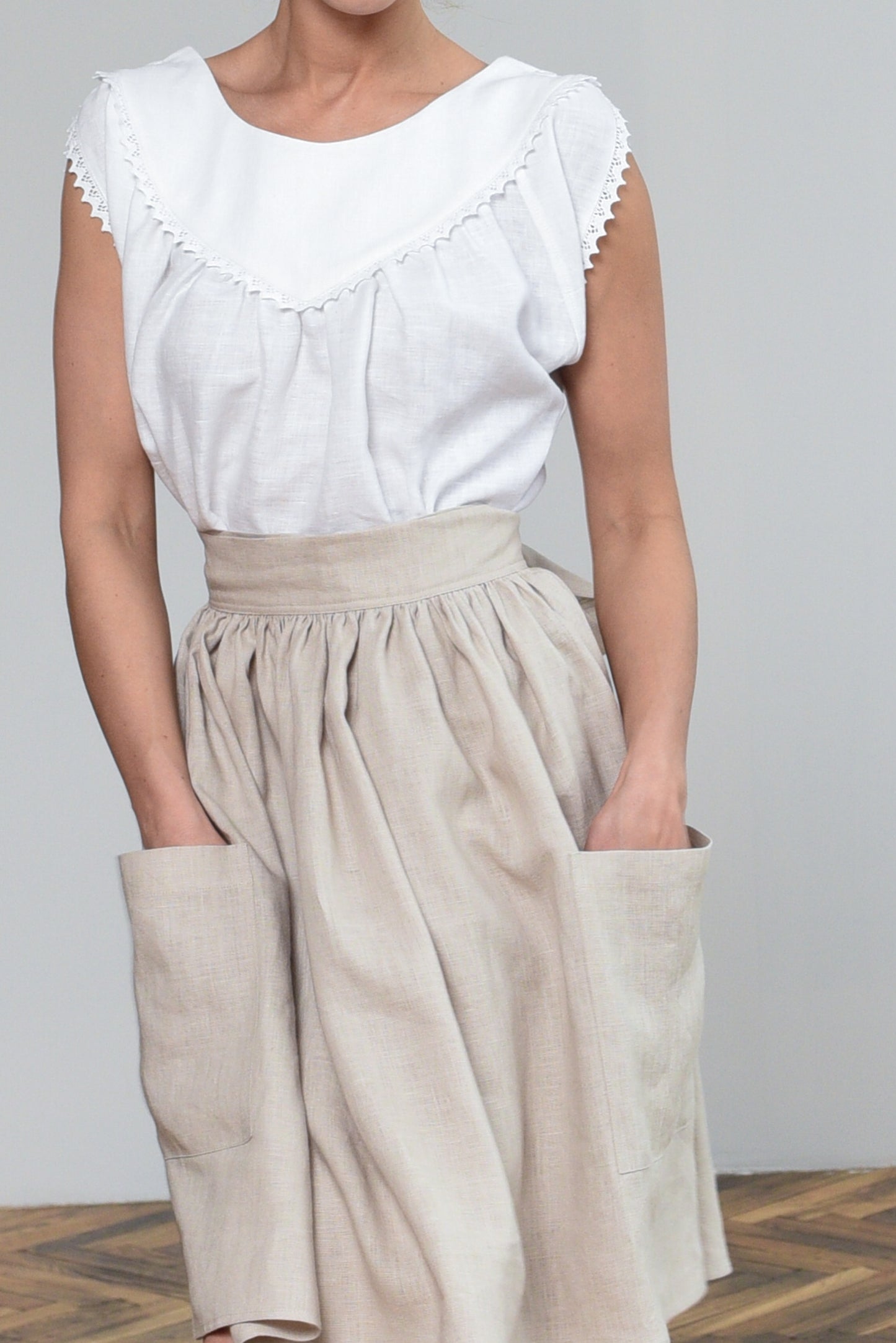 Grethel Tie-Wrap Skirt with Pockets in Natural linen