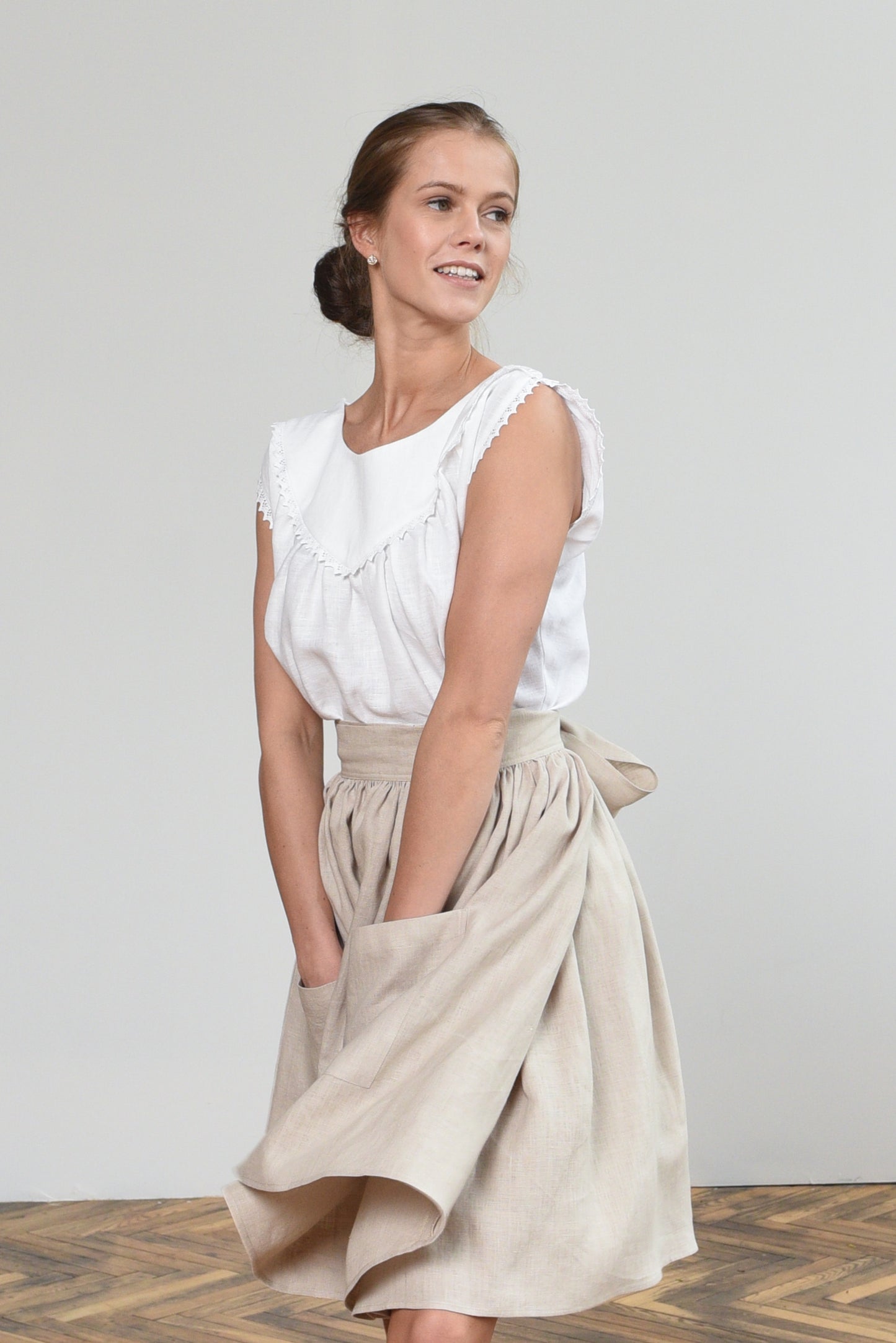 Grethel Tie-Wrap Skirt with Pockets in Natural linen