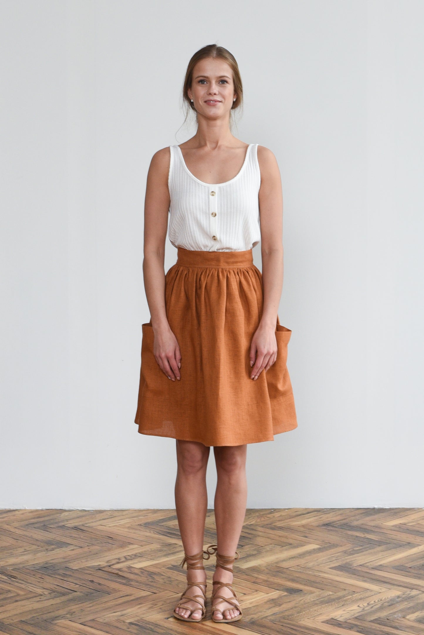 Grethel Tie-Wrap Linen Skirt with Pockets in Orange/Rust