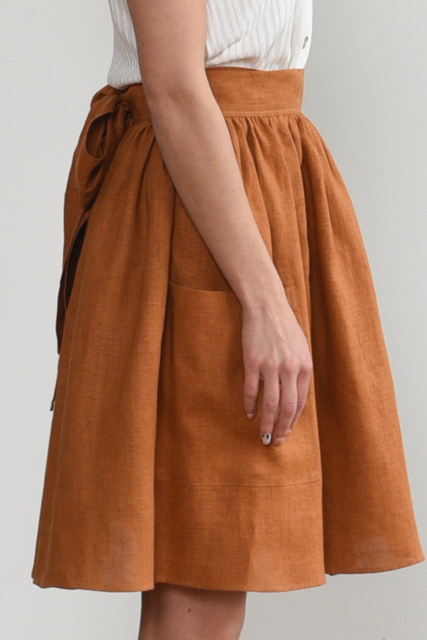 Grethel Tie-Wrap Linen Skirt with Pockets in Orange/Rust