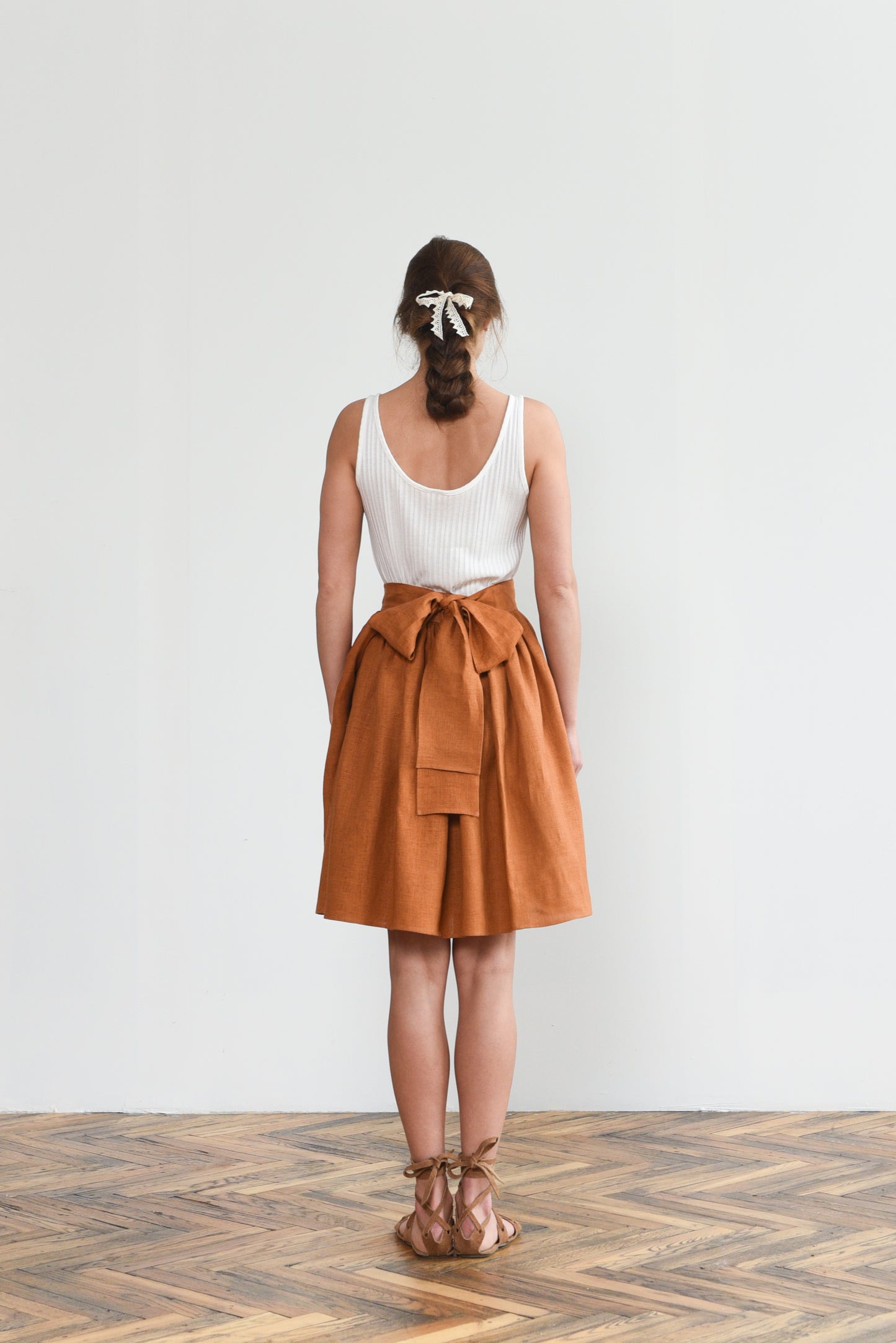 Grethel Tie-Wrap Linen Skirt with Pockets in Orange/Rust