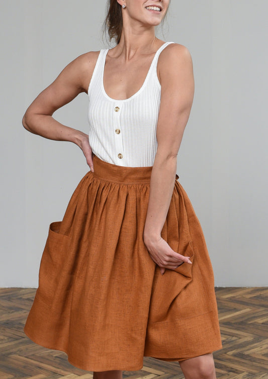 Grethel Tie-Wrap Linen Skirt with Pockets in Orange/Rust