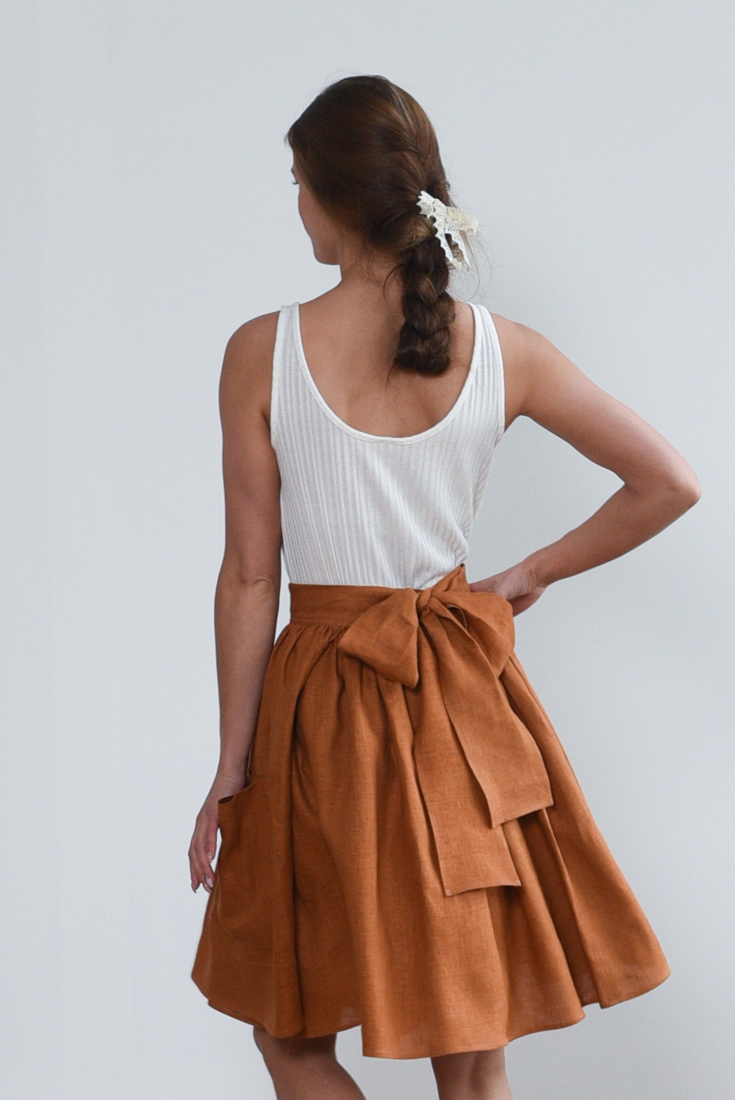 Grethel Tie-Wrap Linen Skirt with Pockets in Orange/Rust