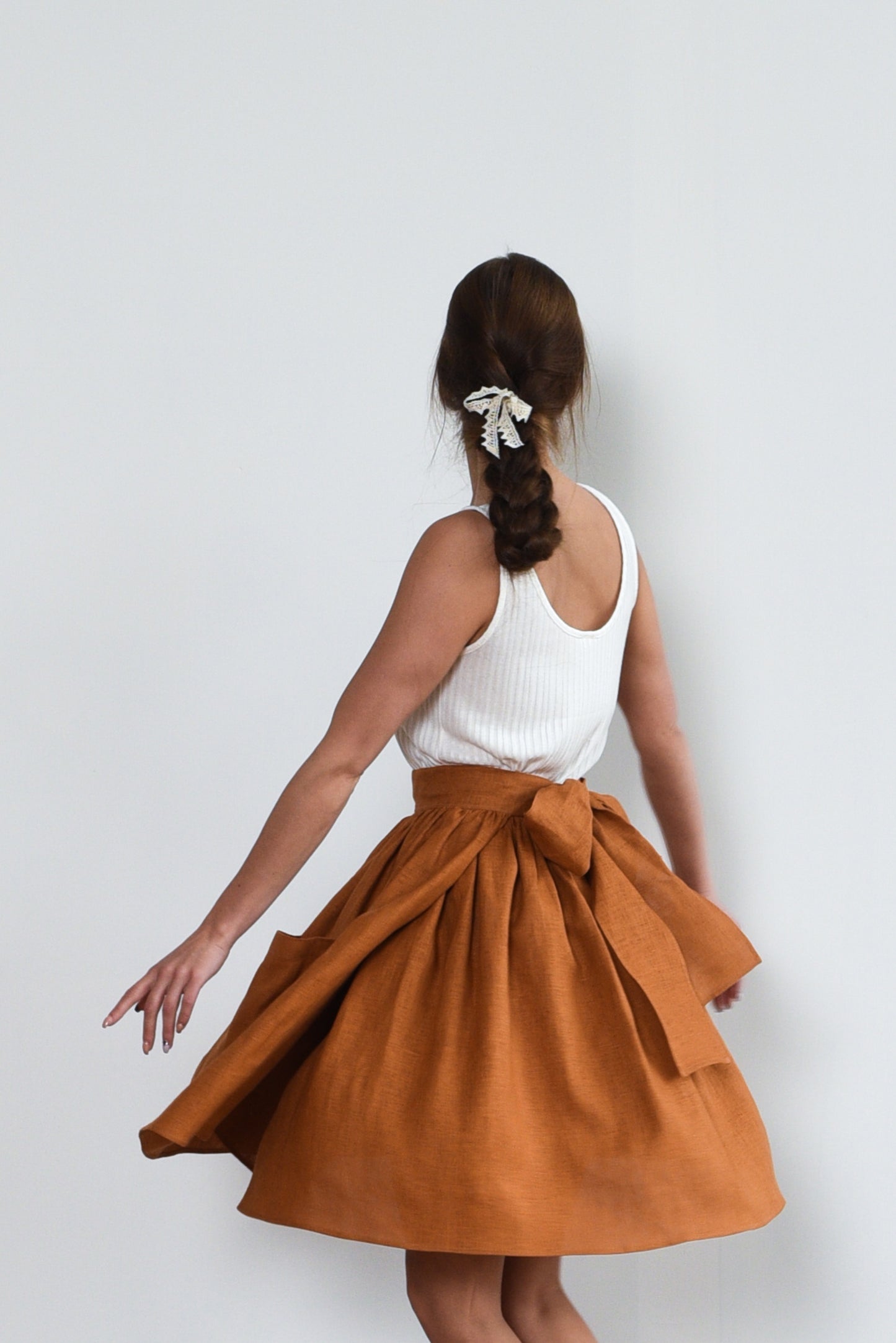 Grethel Tie-Wrap Linen Skirt with Pockets in Orange/Rust