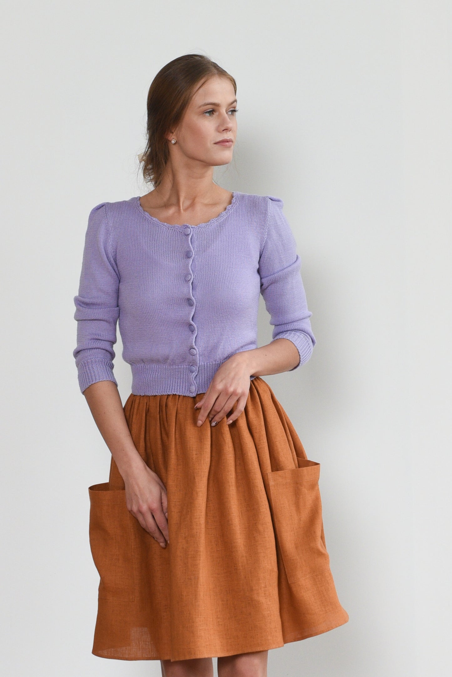 Grethel Tie-Wrap Linen Skirt with Pockets in Orange/Rust
