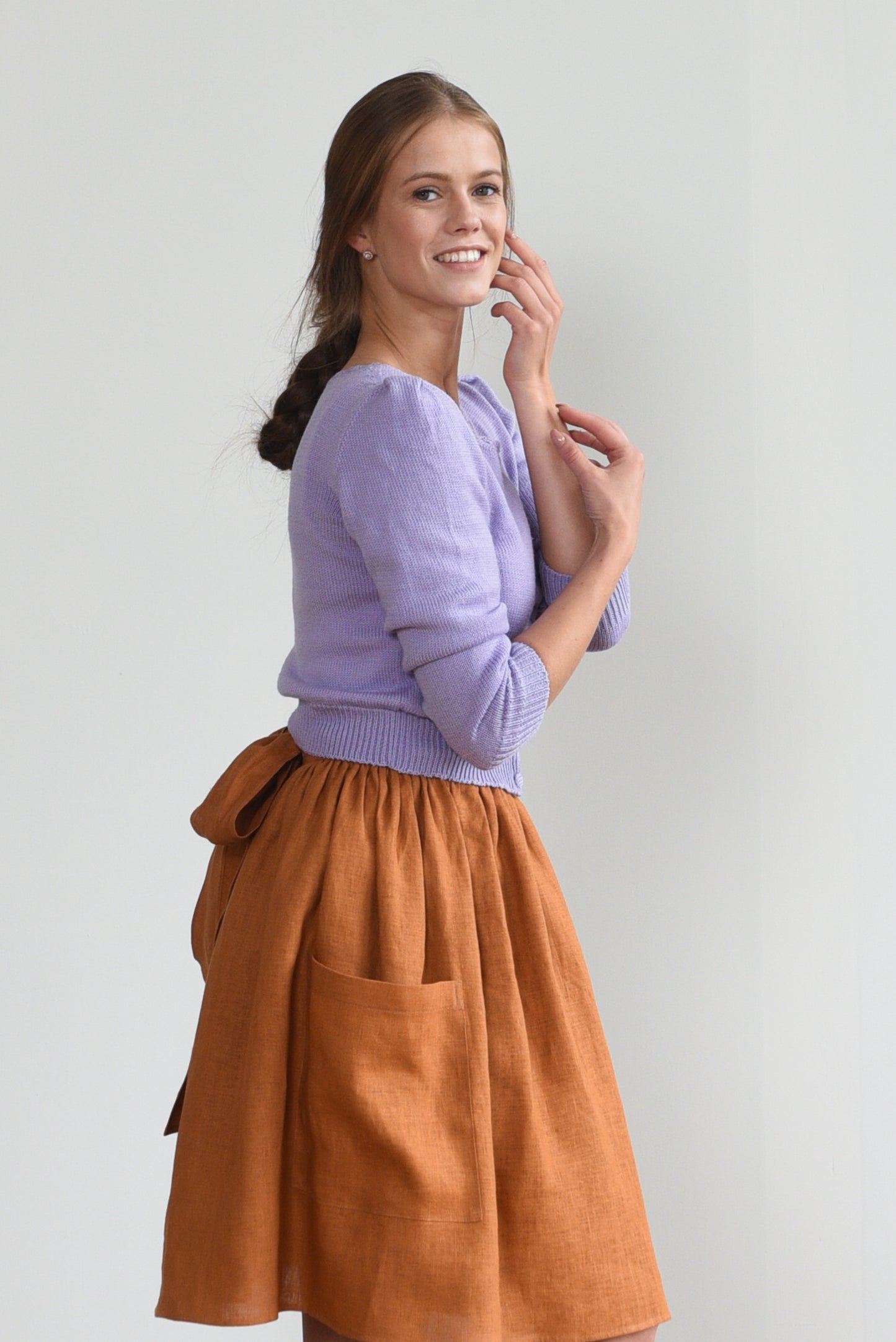 Grethel Tie-Wrap Linen Skirt with Pockets in Orange/Rust