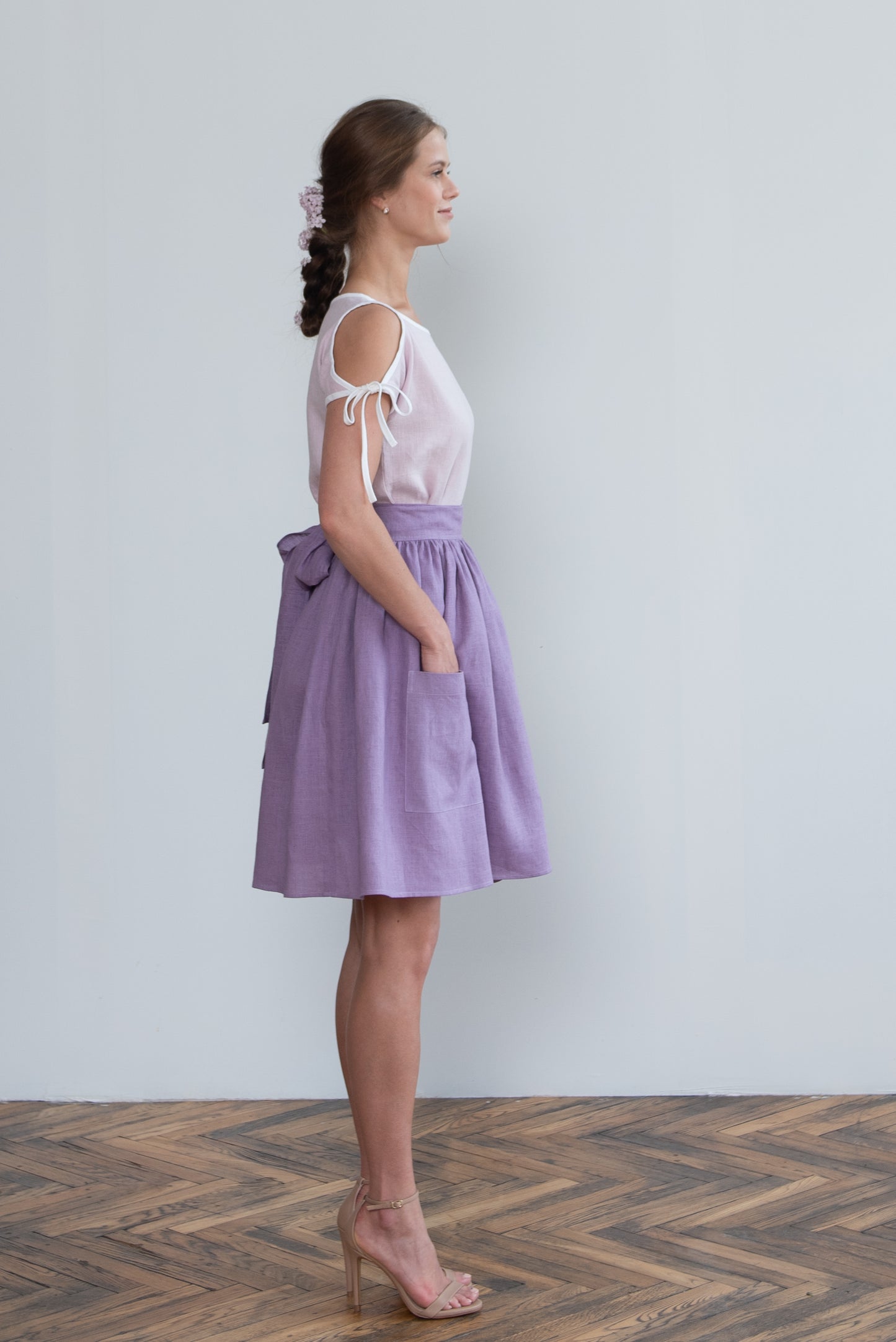 Grethel Tie-Wrap Linen Skirt with Pockets in lilac/violet