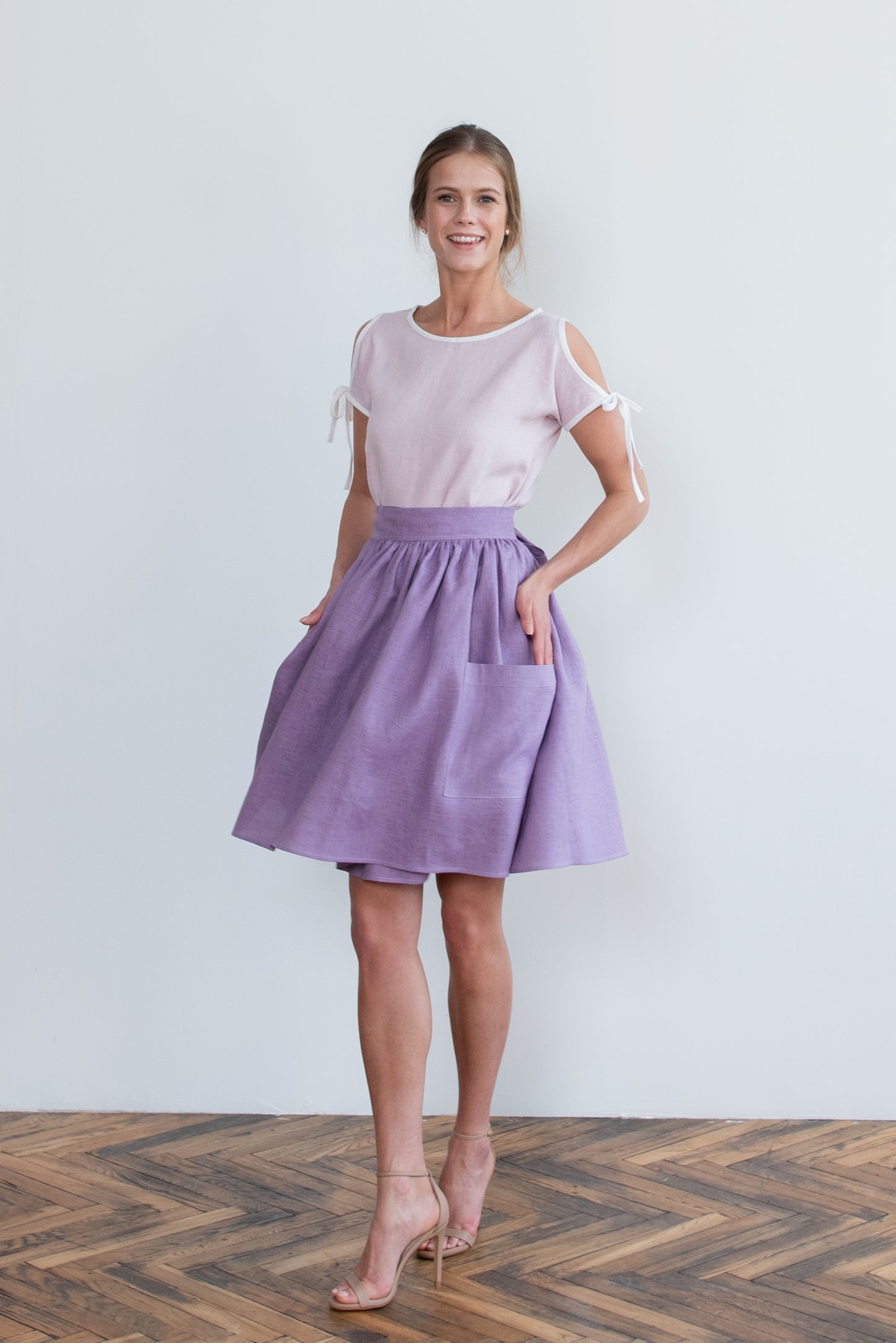 Grethel Tie-Wrap Linen Skirt with Pockets in lilac/violet
