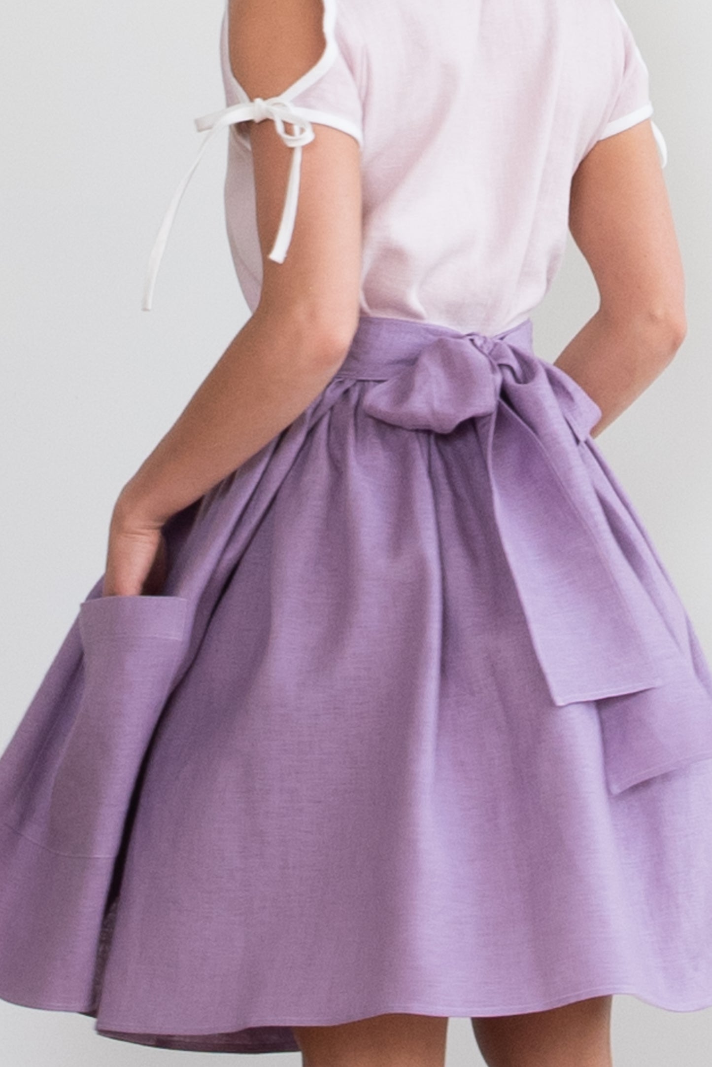 Grethel Tie-Wrap Linen Skirt with Pockets in lilac/violet