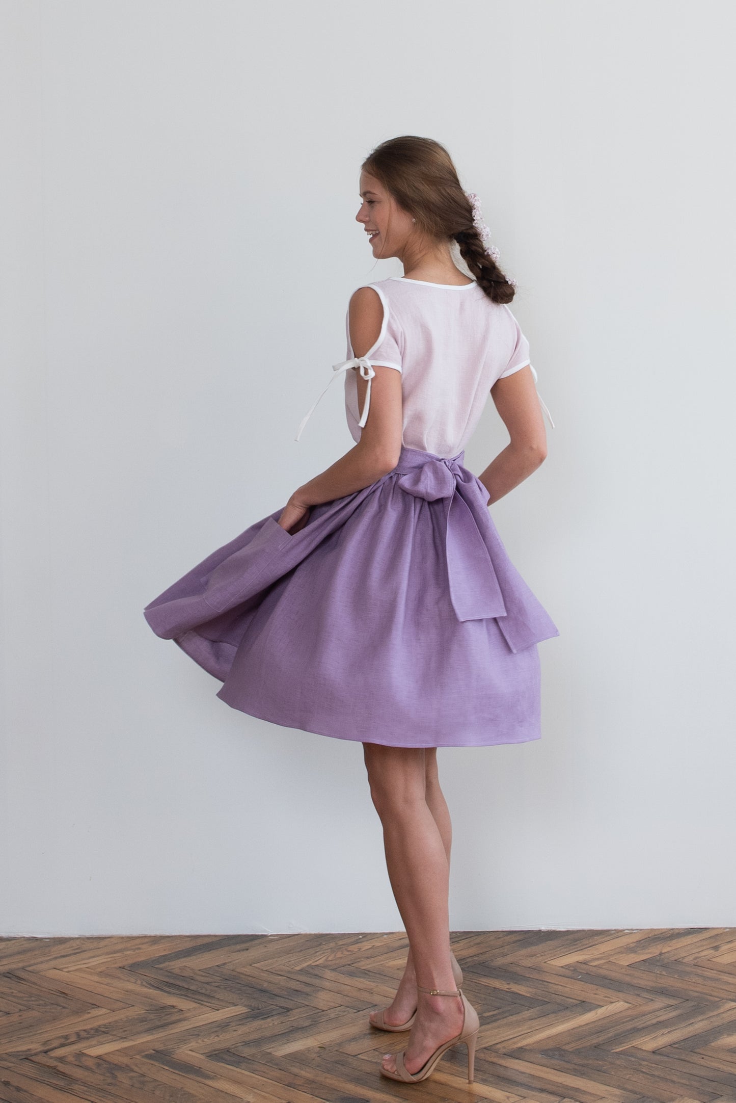 Grethel Tie-Wrap Linen Skirt with Pockets in lilac/violet