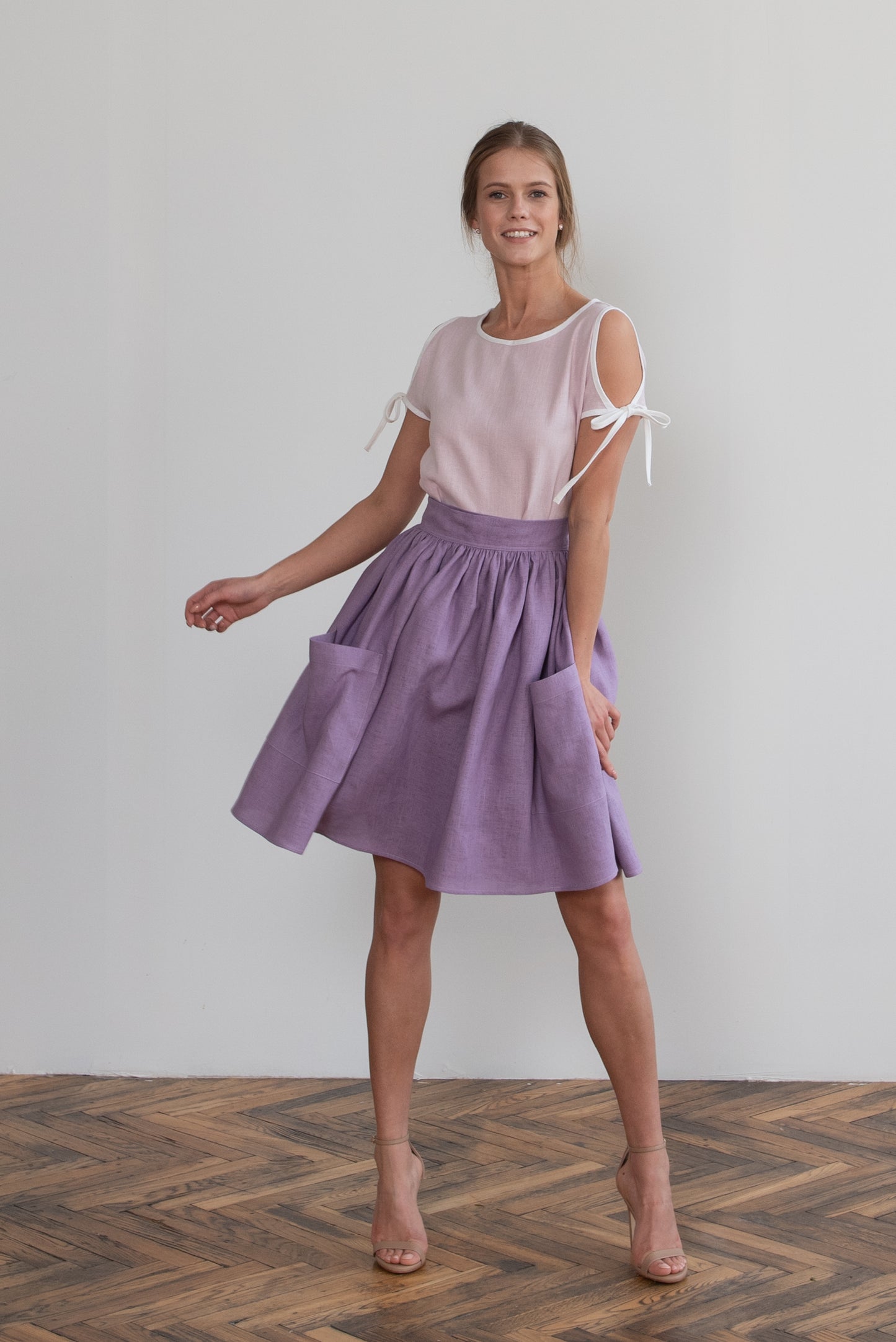 Grethel Tie-Wrap Linen Skirt with Pockets in lilac/violet