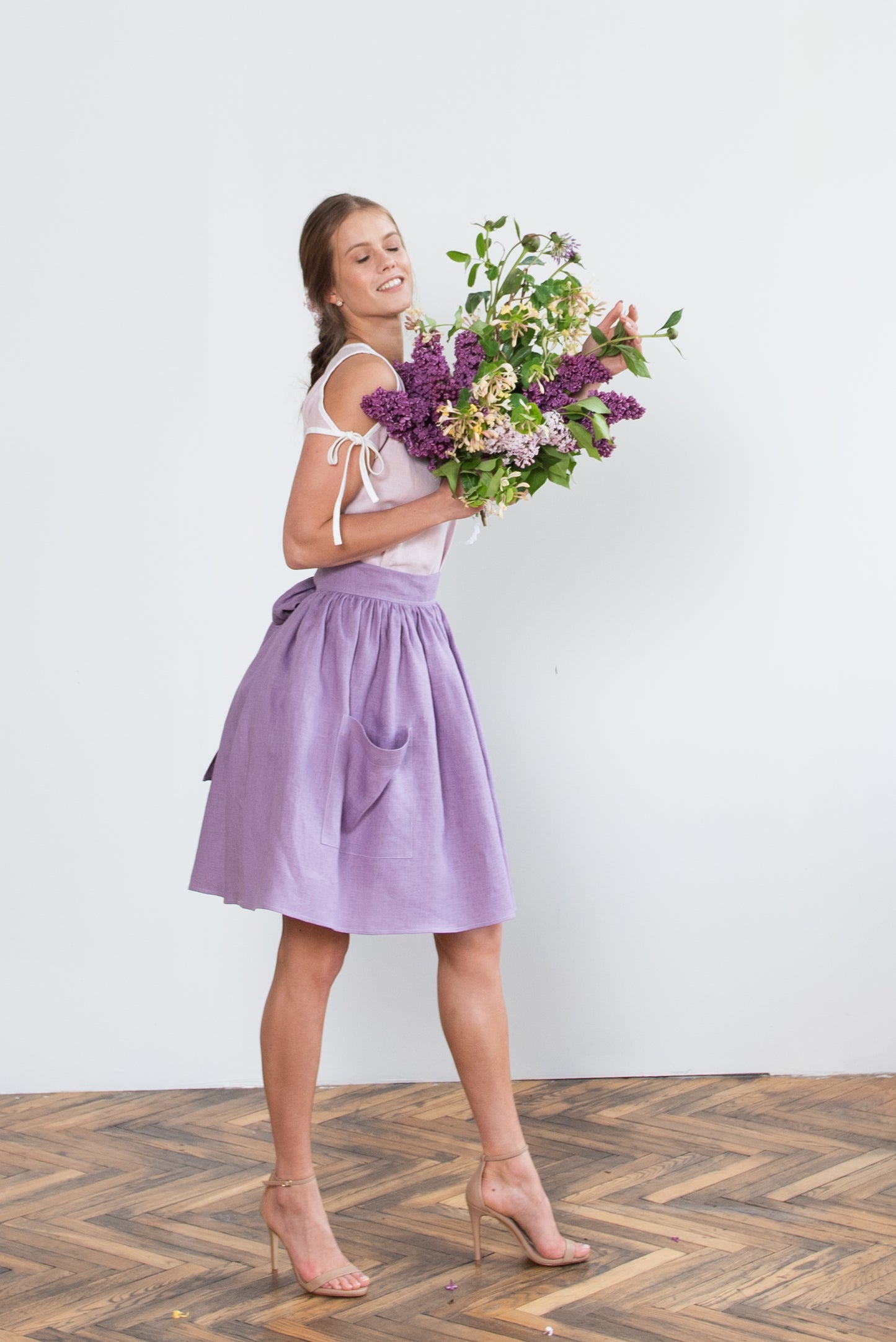 Grethel Tie-Wrap Linen Skirt with Pockets in lilac/violet