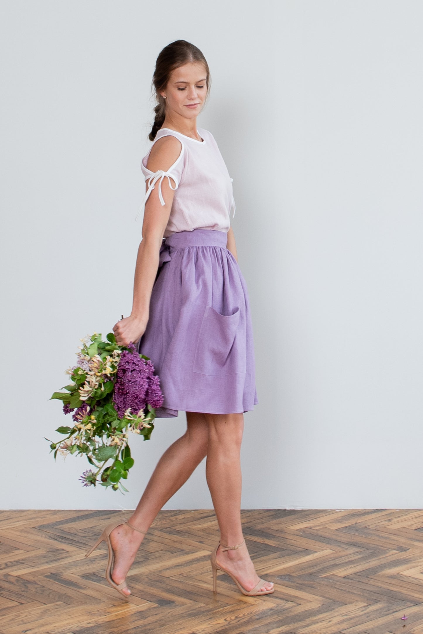 Grethel Tie-Wrap Linen Skirt with Pockets in lilac/violet