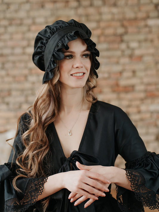 Victorian Night Ruffled Mob Cap in Black Cotton