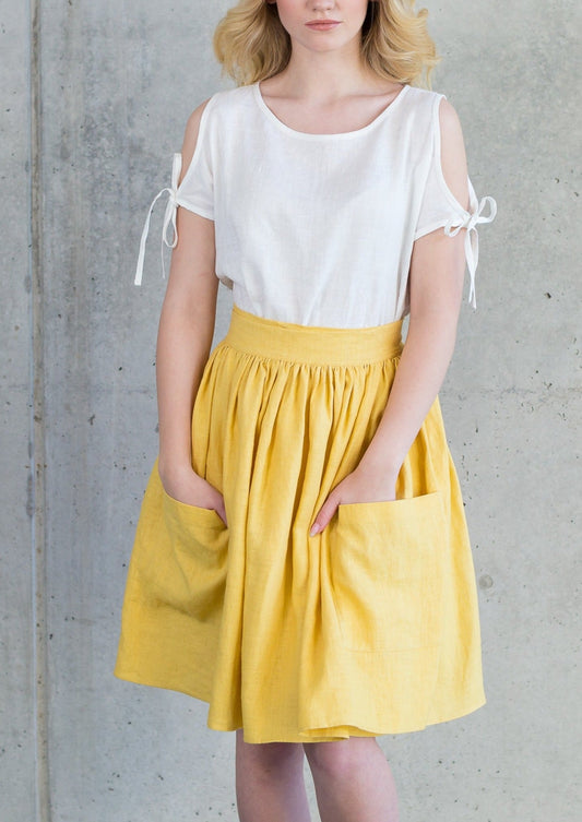 Grethel Tie-Wrap Linen Skirt with Pockets in Yellow