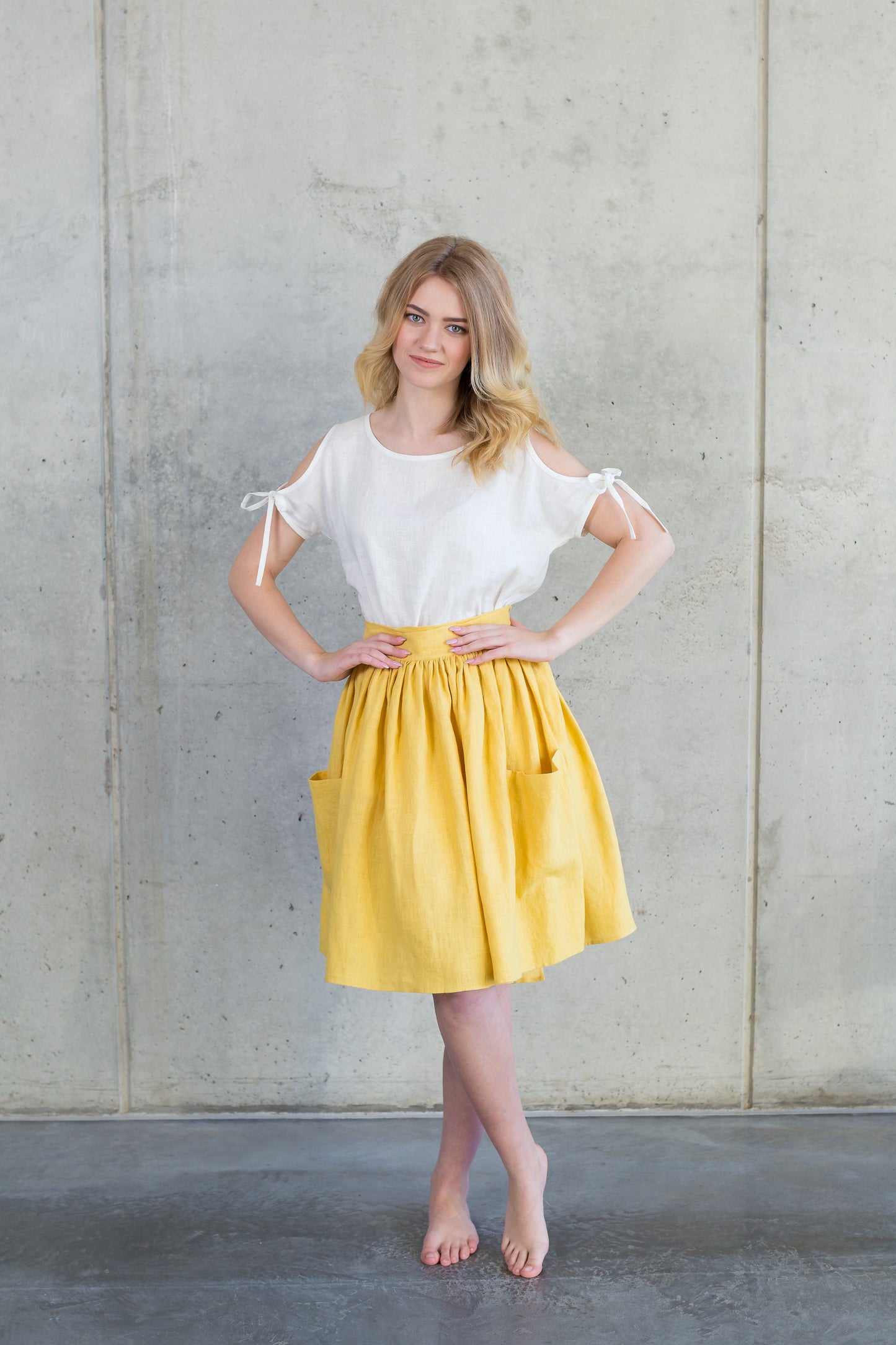 Grethel Tie-Wrap Linen Skirt with Pockets in Yellow