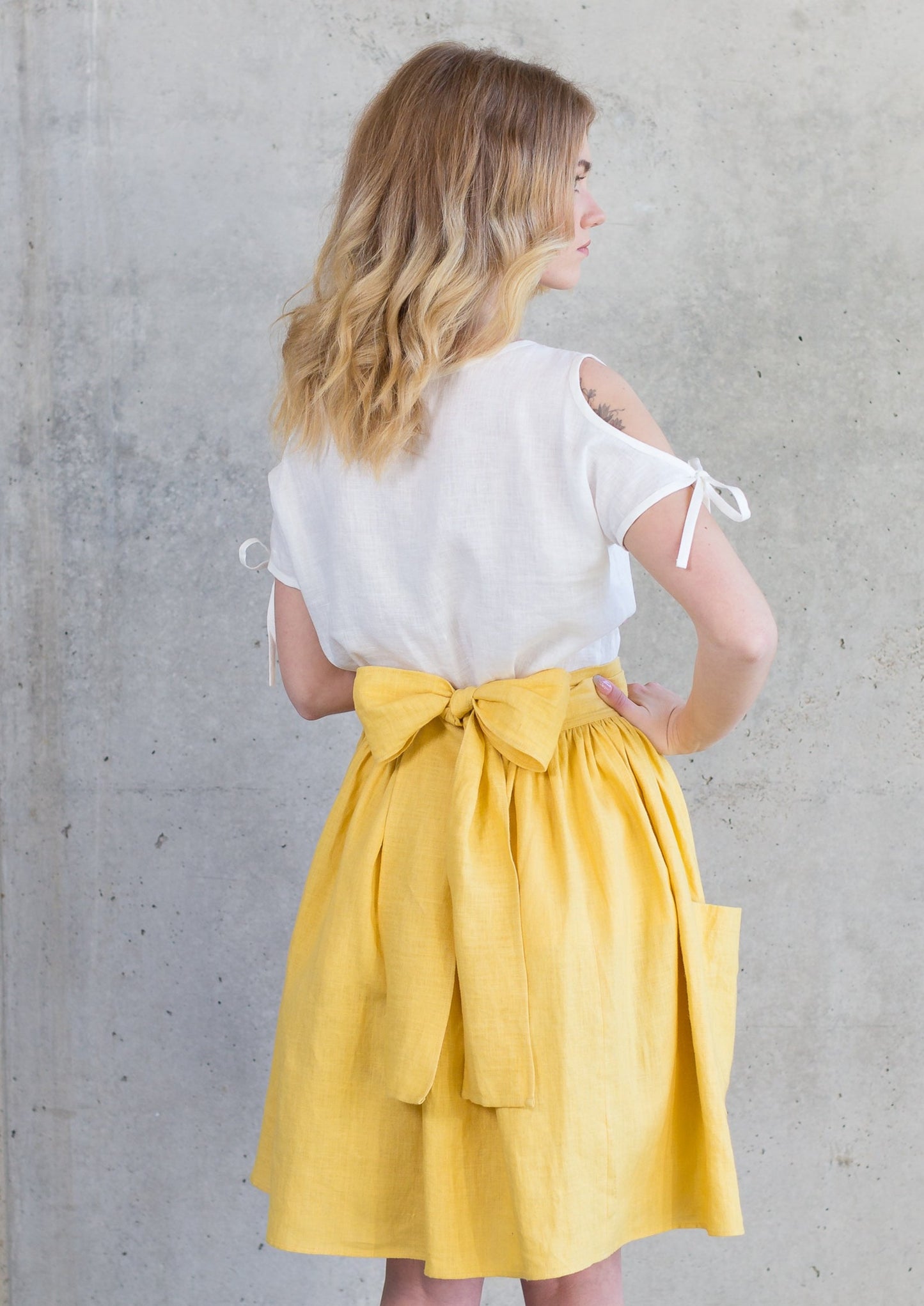 Grethel Tie-Wrap Linen Skirt with Pockets in Yellow