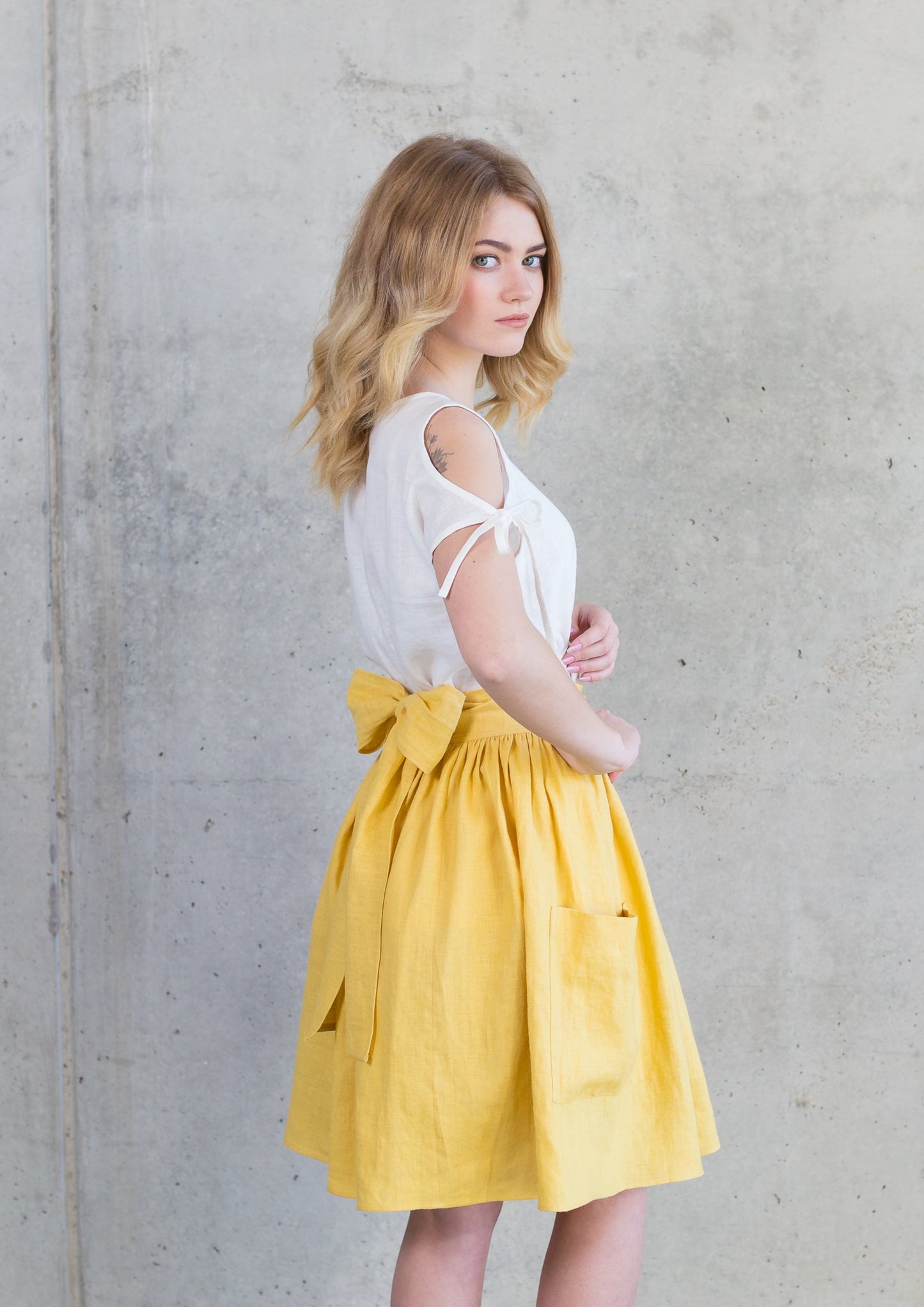 Grethel Tie-Wrap Linen Skirt with Pockets in Yellow