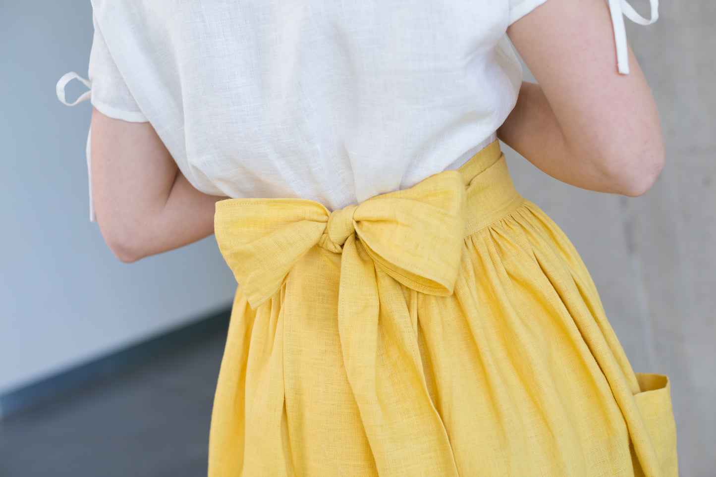 Grethel Tie-Wrap Linen Skirt with Pockets in Yellow