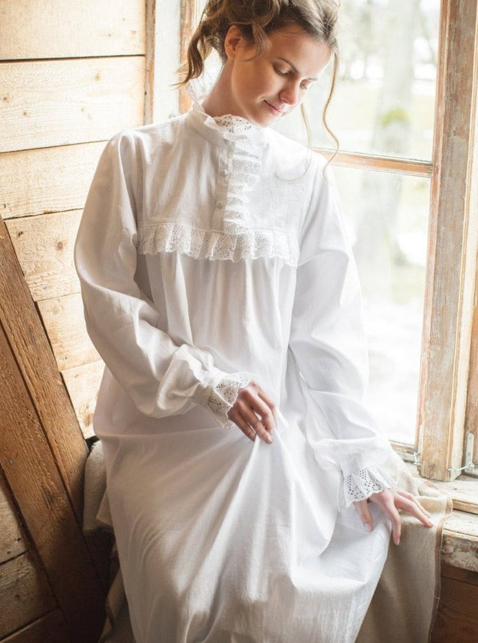 Victorian Winter Maxi Nightgown in White Cotton