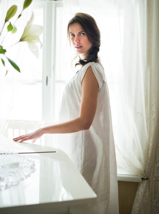 Latvian Gown - Vintage Inspired Night Dress in White Linen