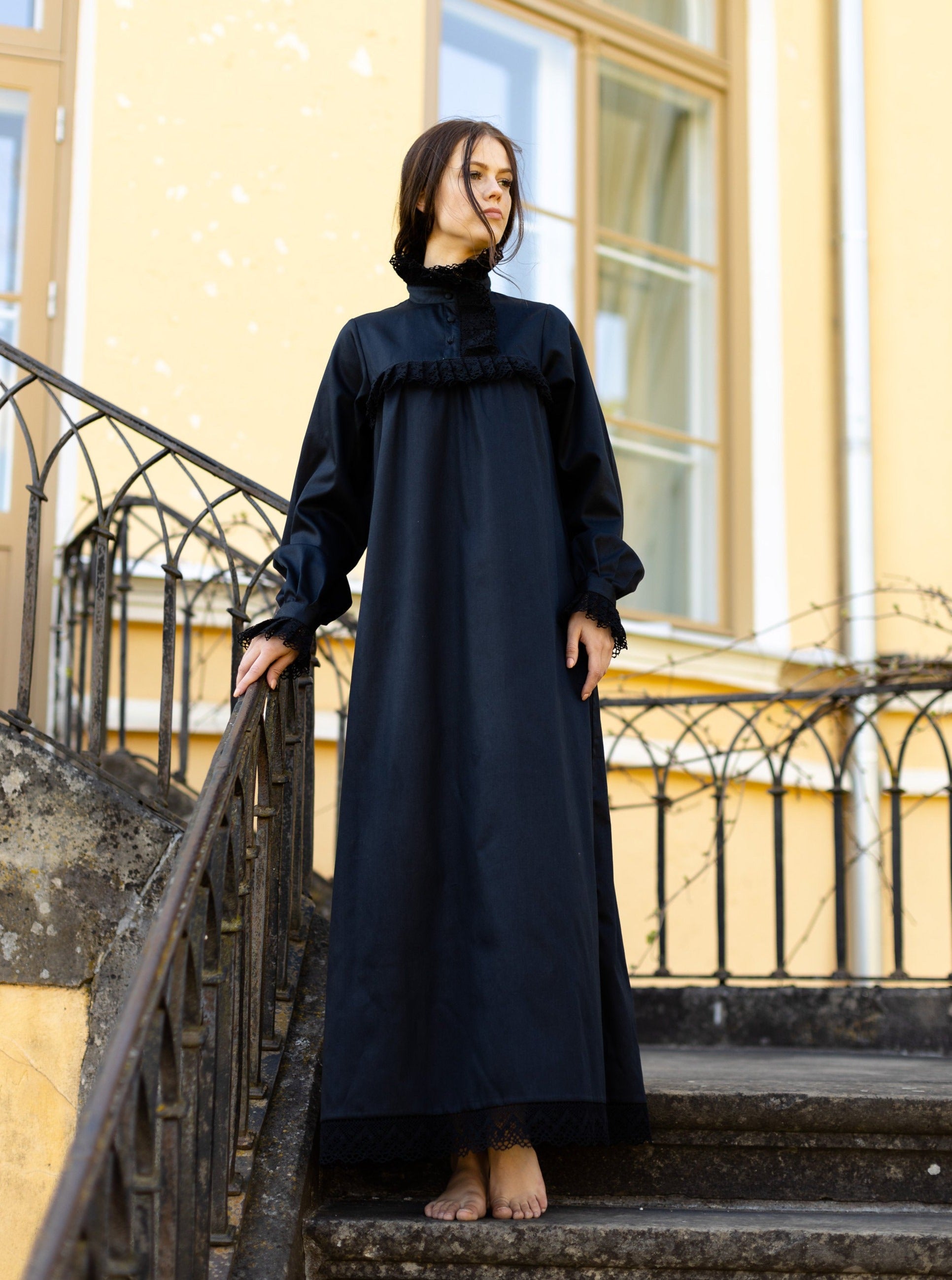 Victorian Winter Maxi Nightgown in Black Cotton Madde Vintage Timeless Pieces Curated for You Victorian Winter Maxi Nightgown in Black Cotton Madde Vintage Timeless Pieces Curated for You