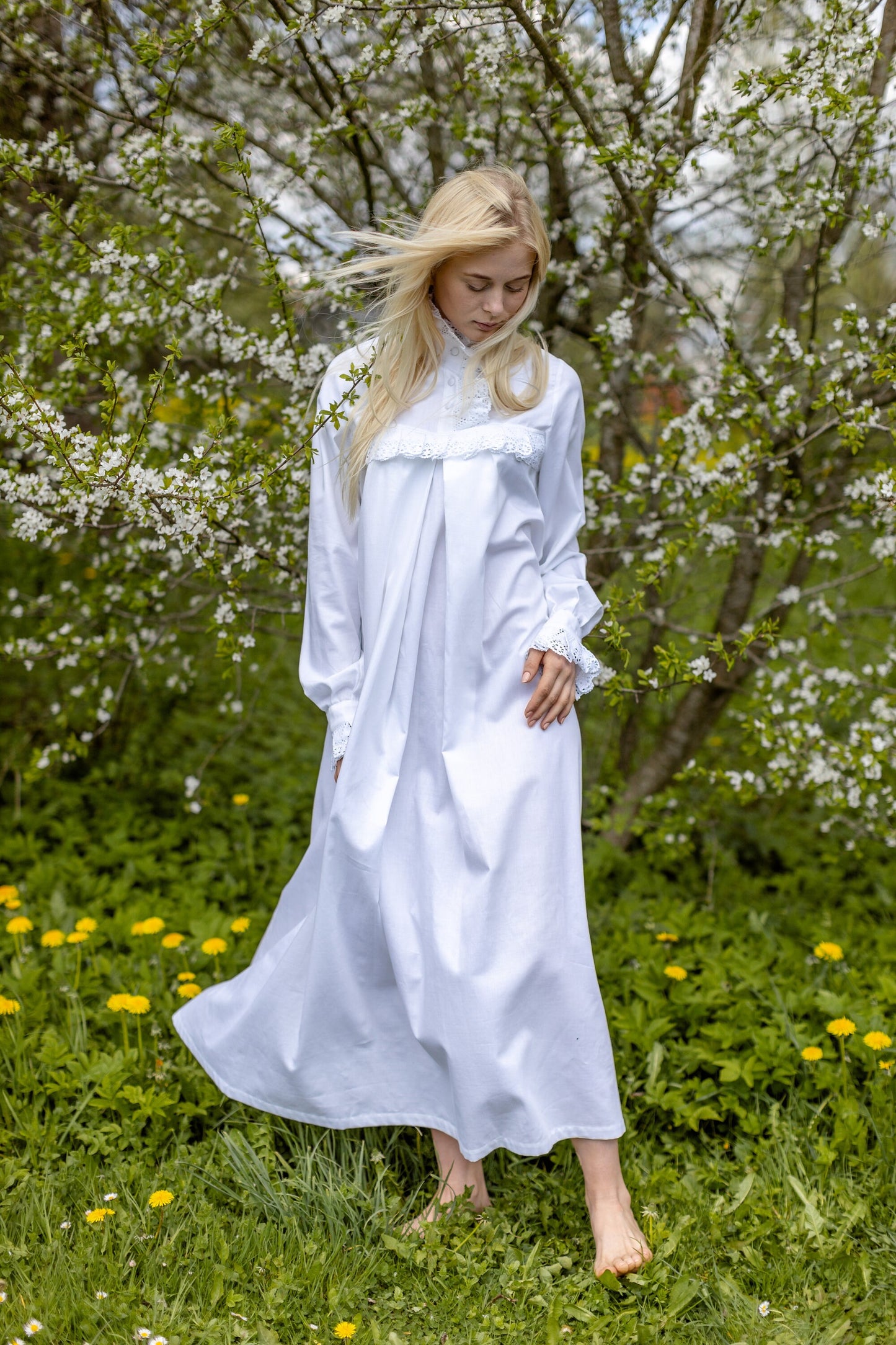 Victorian Winter Nursing Nightgown in White Cotton