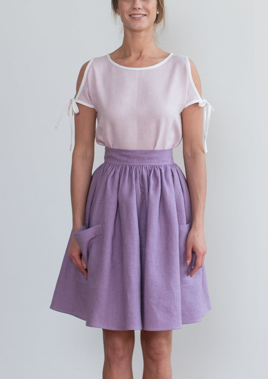 Grethel Tie-Wrap Linen Skirt with Pockets in lilac/violet