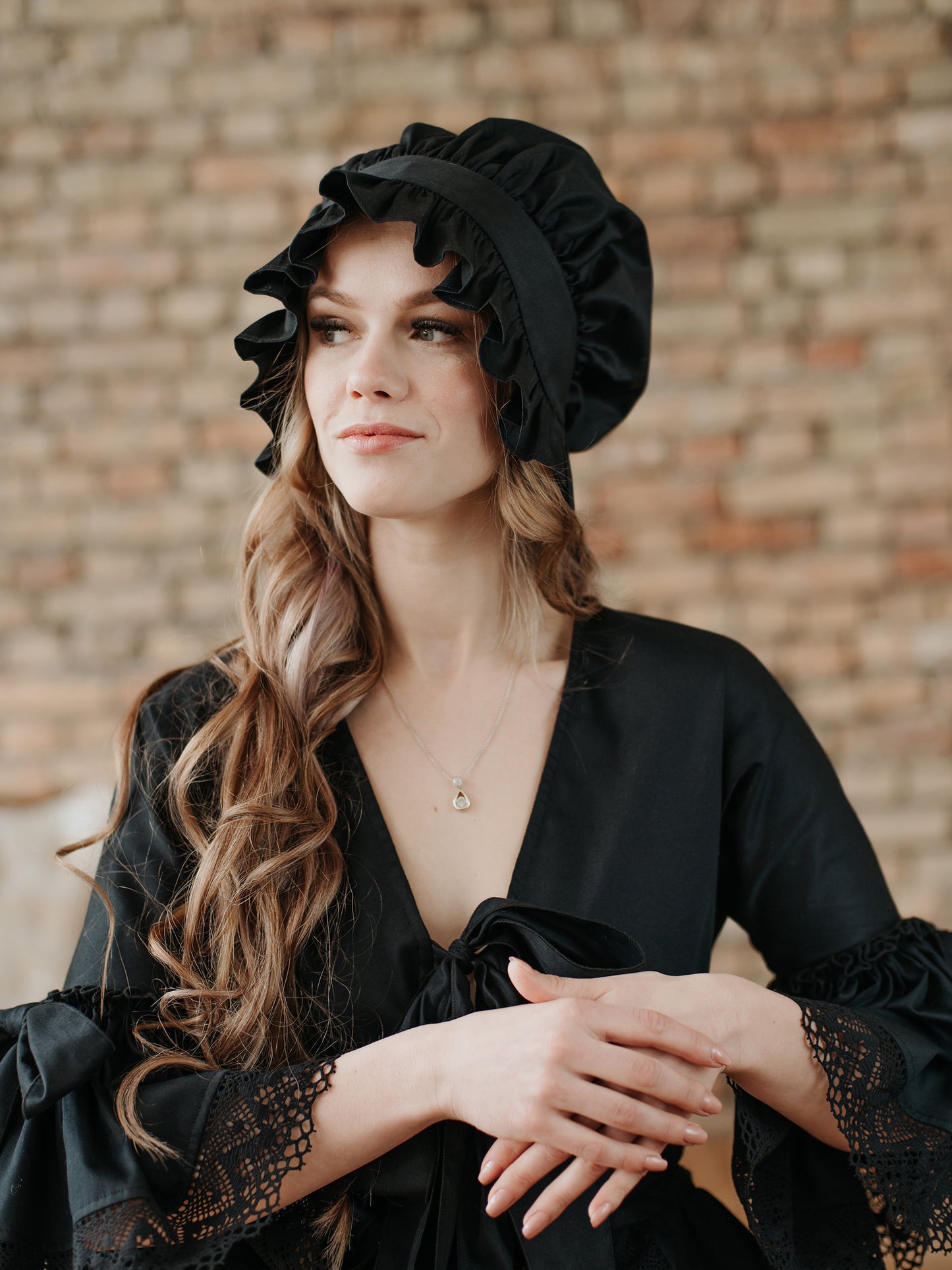 Victorian Night Ruffled Mob Cap in Black Cotton