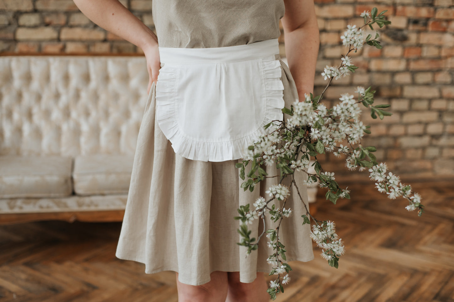 French Maid White Cotton Apron with Ruffles