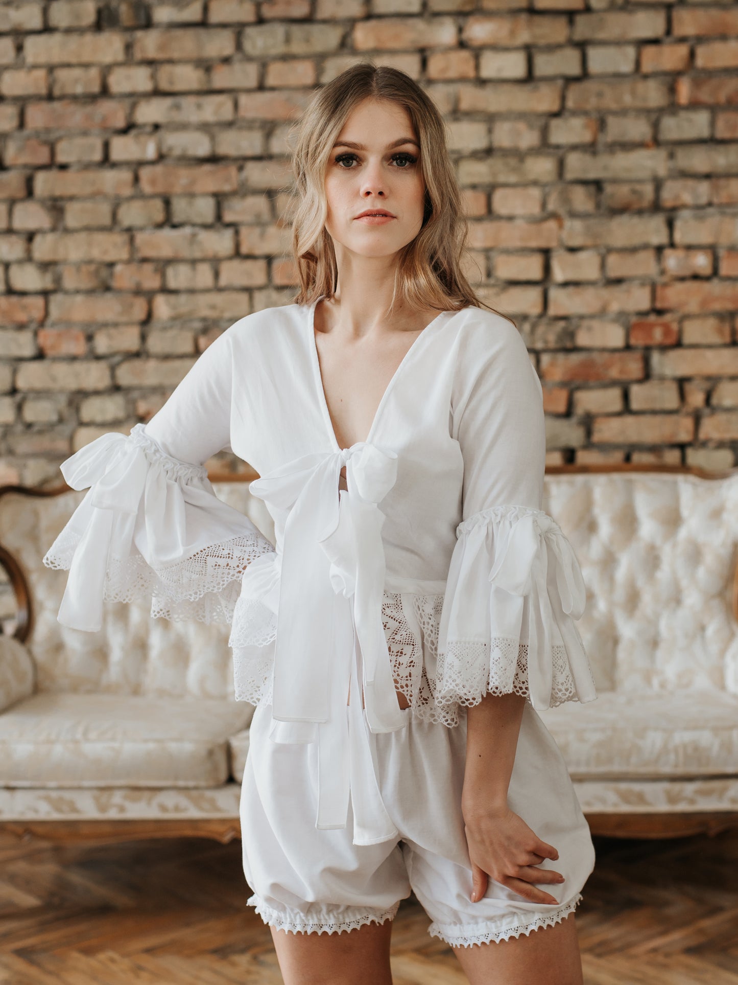 Rococo Nights Loungewear Set with Shorts in White Cotton