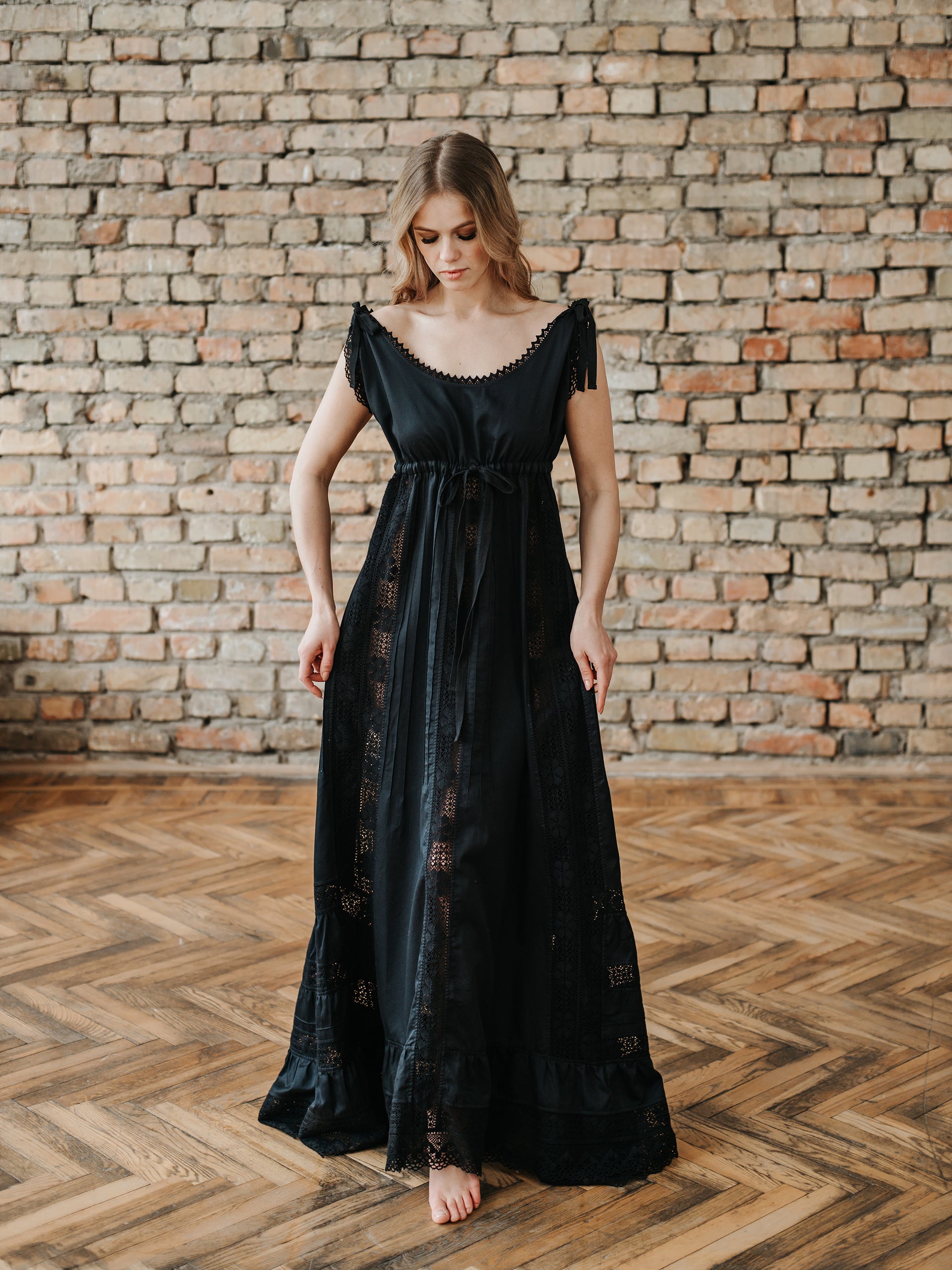 Delicate Beauty - Victorian Inspired Night Gown in Black Cotton Delicate Beauty - Victorian Inspired Night Gown in Black Cotton