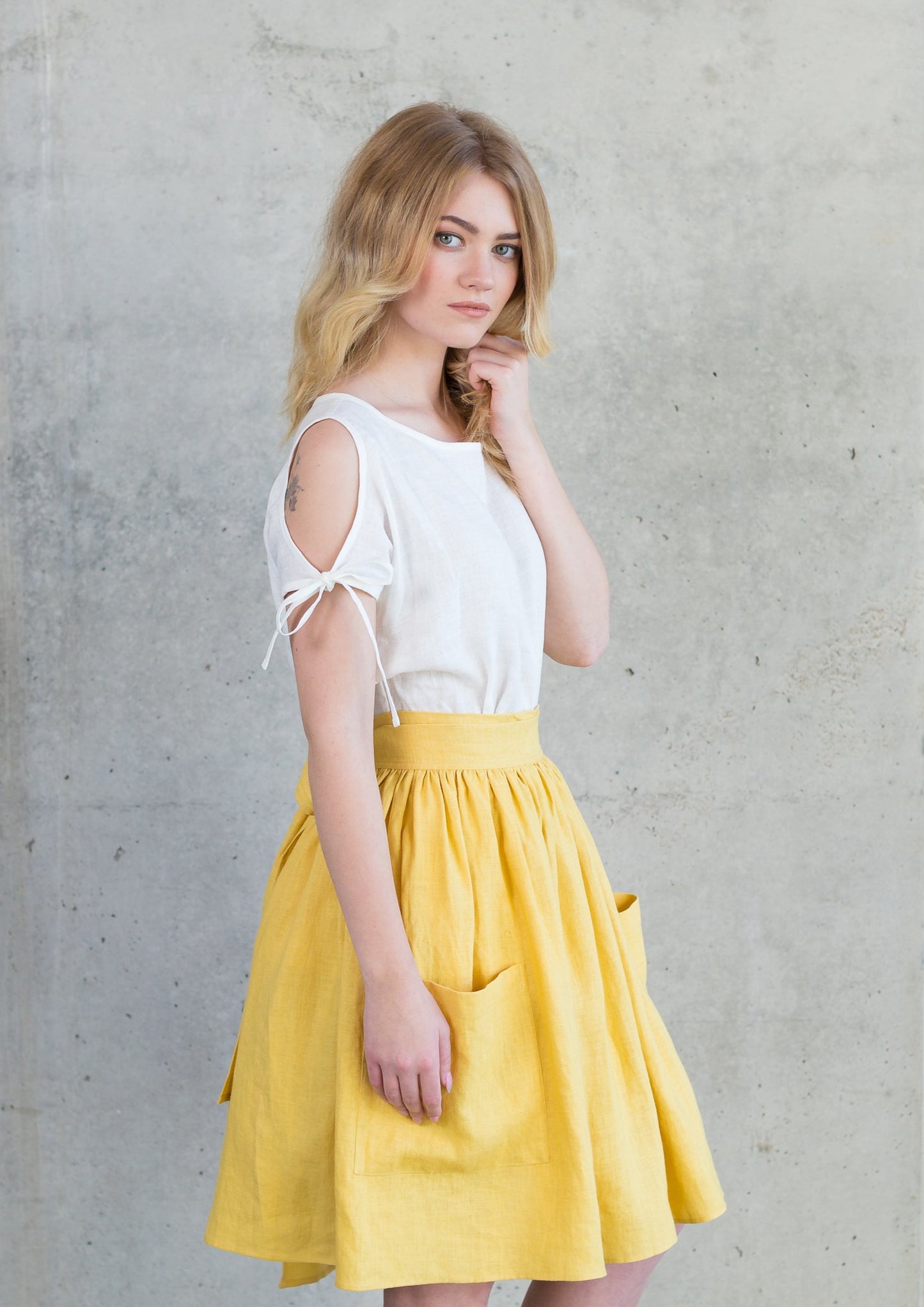 Grethel Tie-Wrap Linen Skirt with Pockets in Yellow