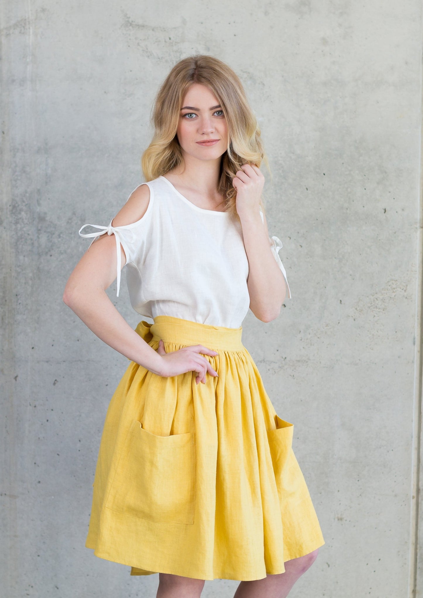 Grethel Tie-Wrap Linen Skirt with Pockets in Yellow