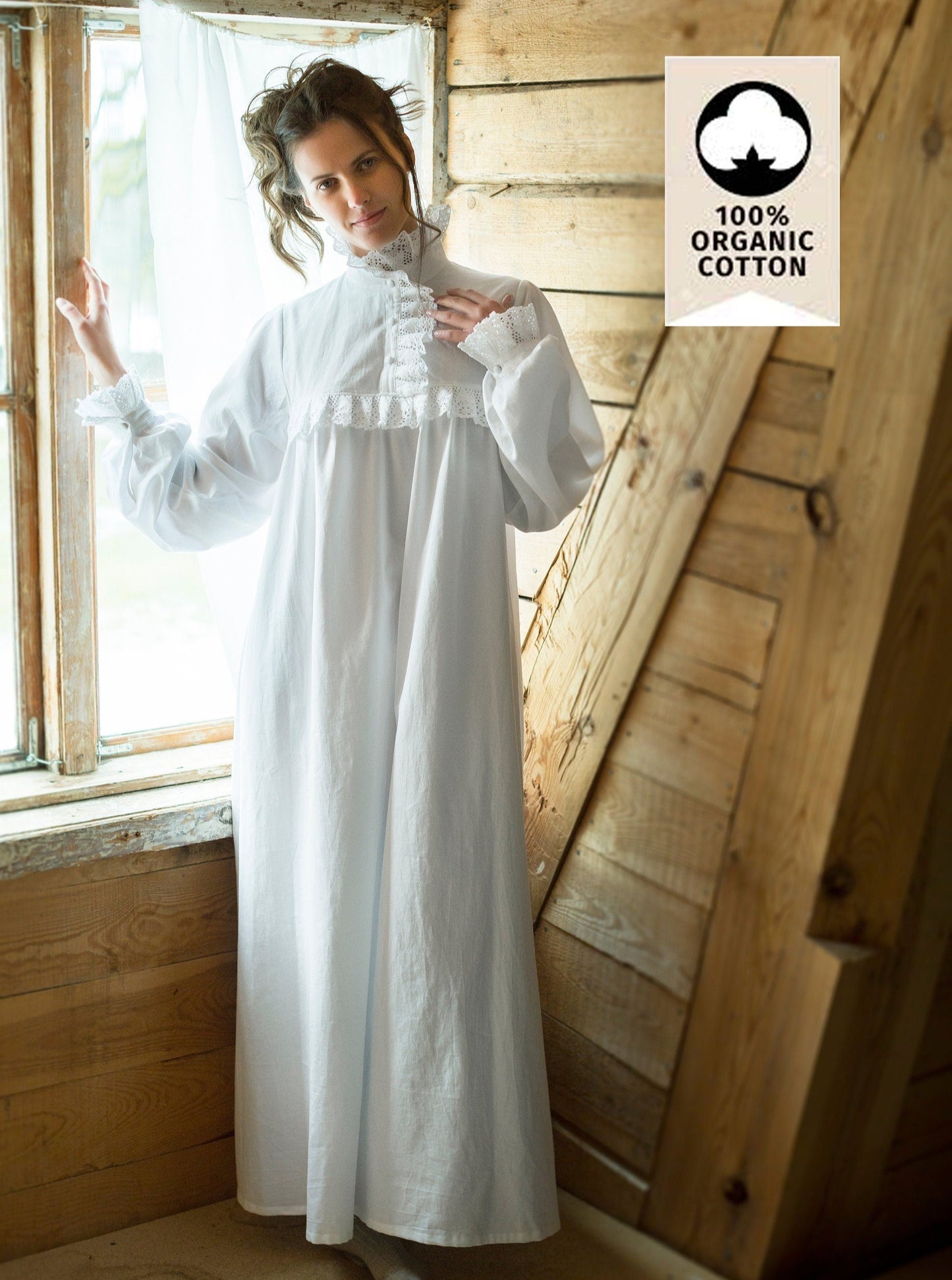 Victorian Inspired Nightgown in White Organic Cotton