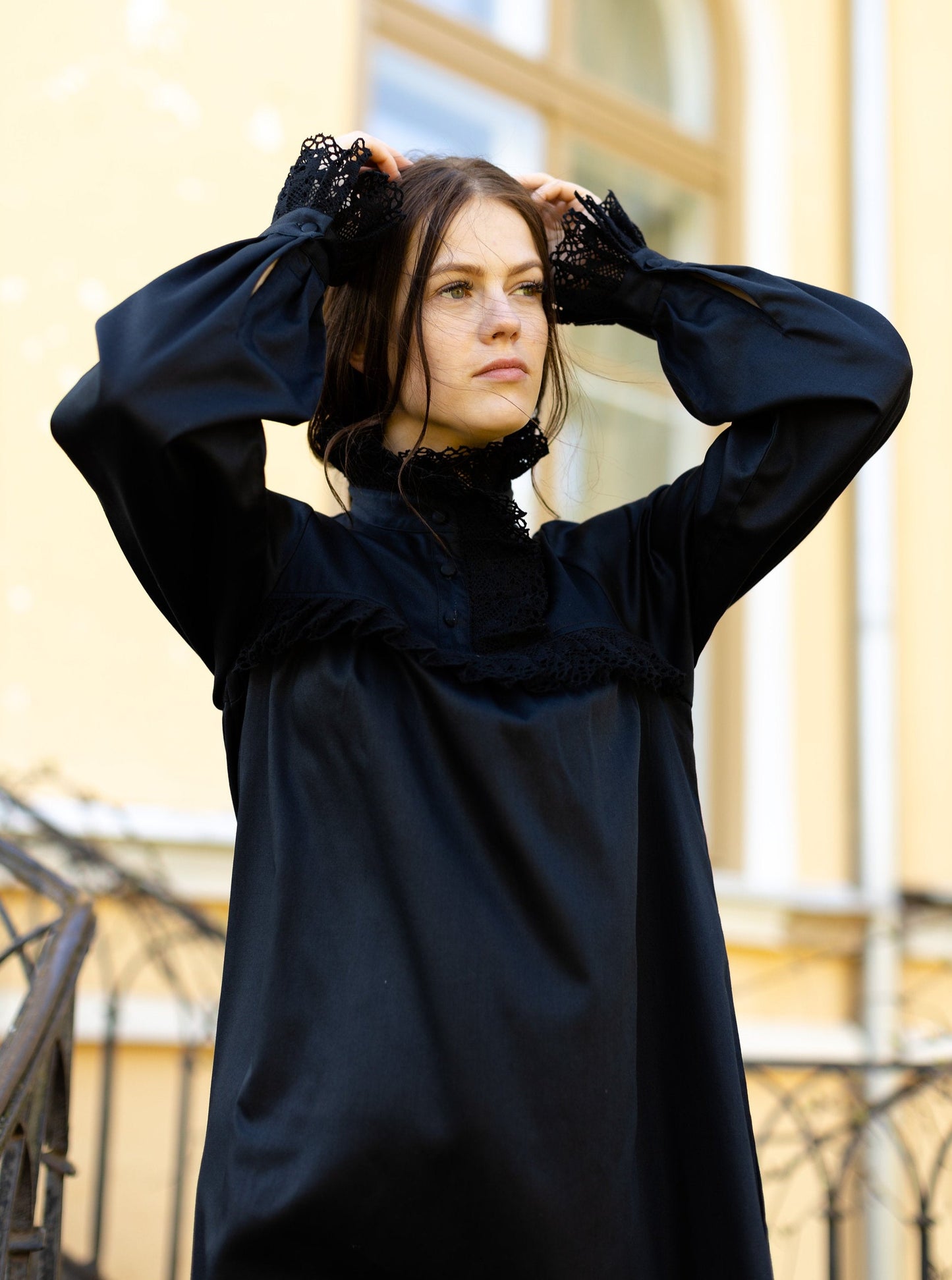 Victorian Winter Maxi Nightgown in Black Cotton
